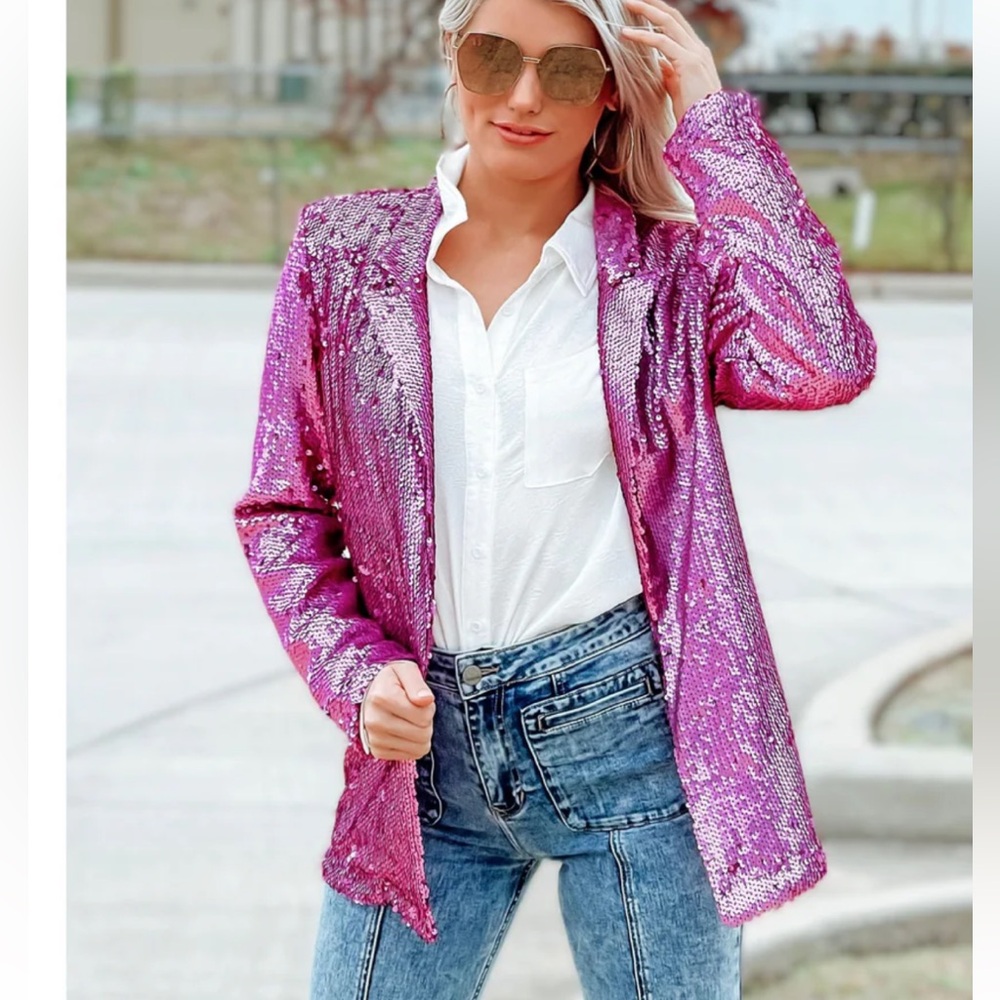❤️ NWT TCEC Showstopper Pink Sequin blazer Jacket size medium Valentine’s - Picture 2 of 11